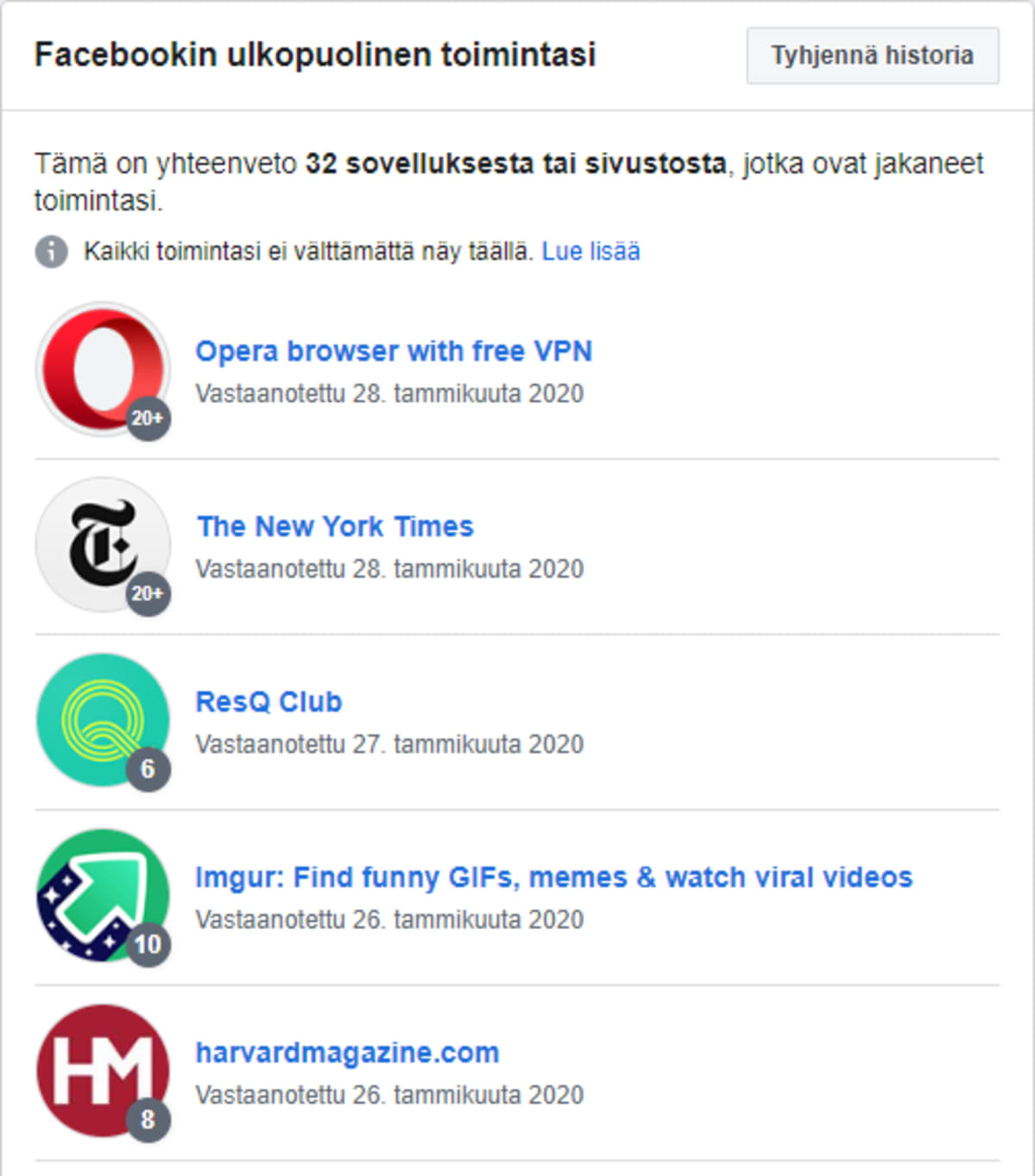Näkymä Facebookista, joka näyttää tiedon siitä mihin Facebookin ulkopuoliseen toimintaan tietojasi käytetään. Kyseisellä käyttäjällä listassa on mm. Opera browser with free VPN, The New York Times, ResQ Club, Imgur ja harvardmagazine.com.