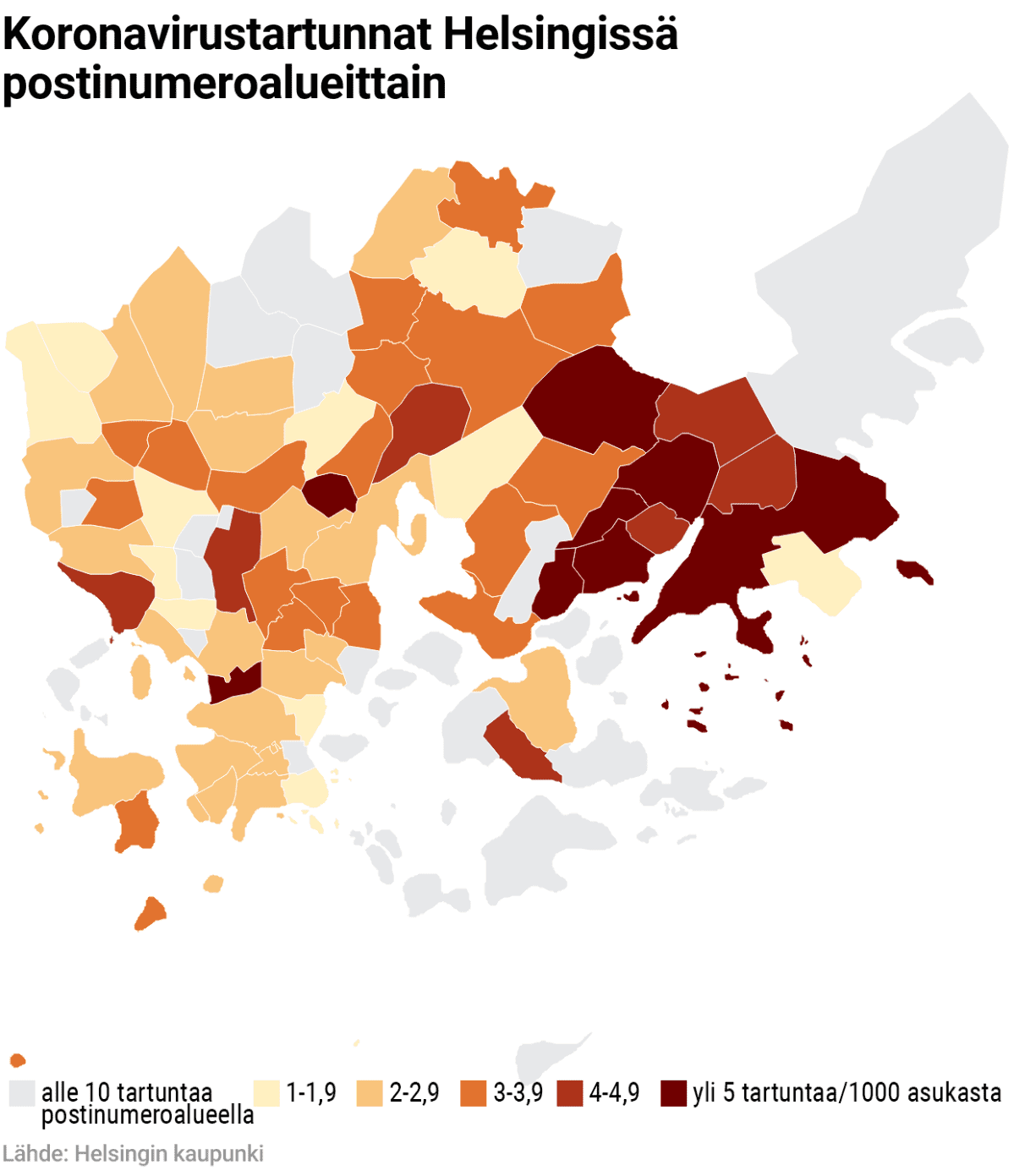 Kartta koronatartunnoista Helsingissä postinumeroalueittain.