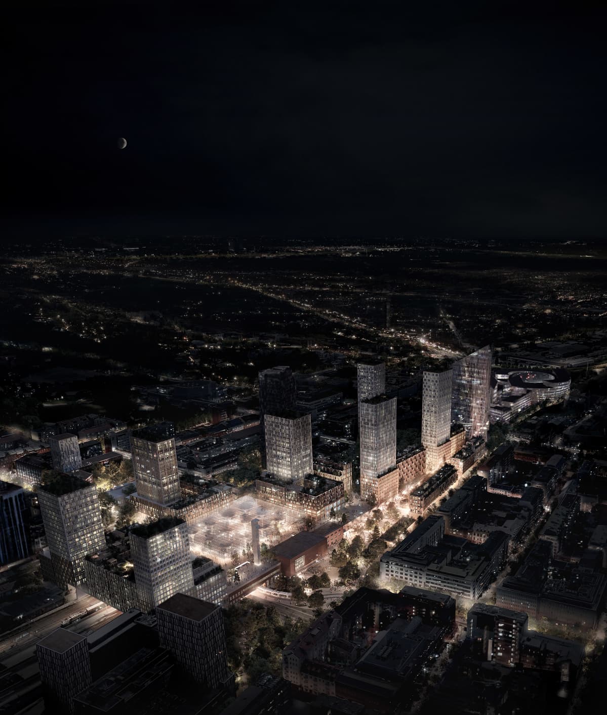 Havainnekuva Tampereen asemakeskuksesta ja sen ympäristöstä.