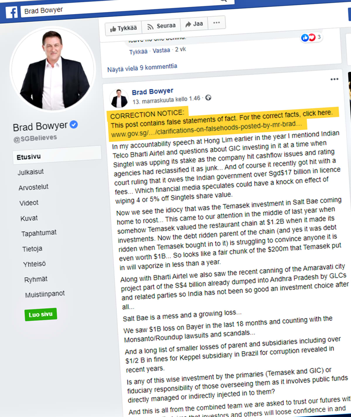 Kuvakaappaus Brad Bowyerin Facebook-sivulta. Keltaisella värillä on korostettu Singaporen hallituksen vaatima oikaisu, jonka mukaan teksti sisältää virheellistä tietoa.