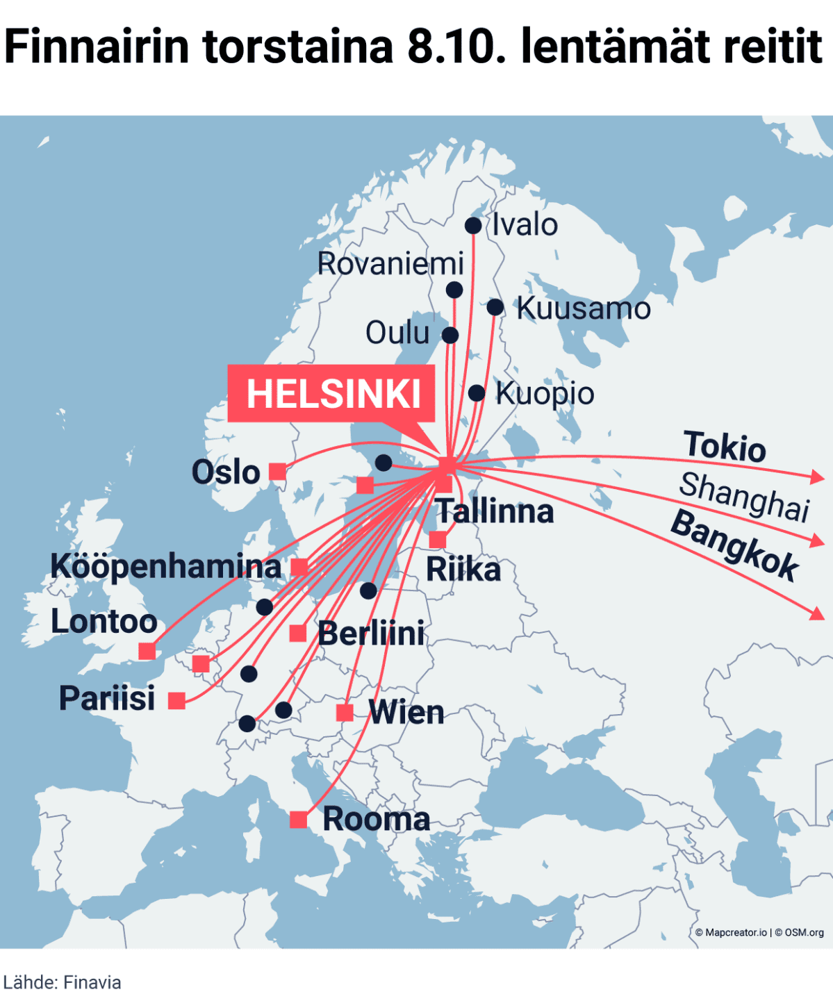 Finnairin torstaina 8.10. lentämät reitit kartalla