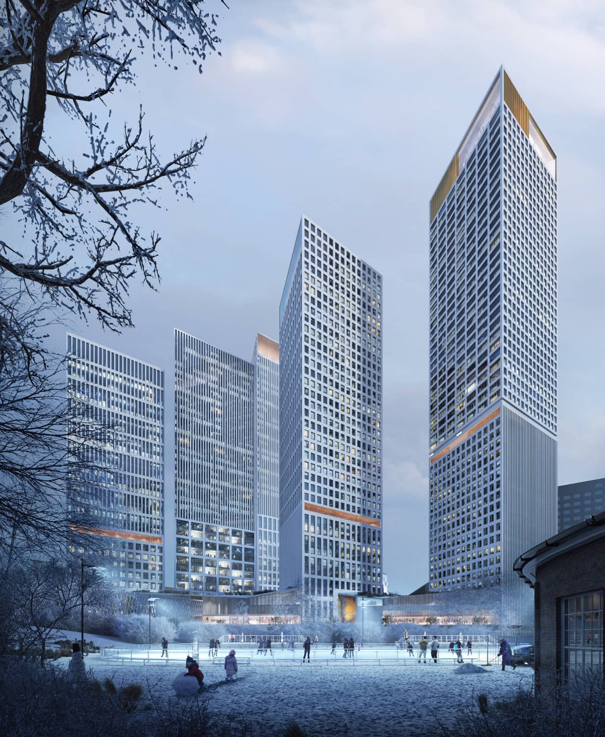 Trigoni, YIT:n ehdotus Helsinki High-rise -kilpailuun. Talvinäkymä Veturipuistosta Länsialueelle.