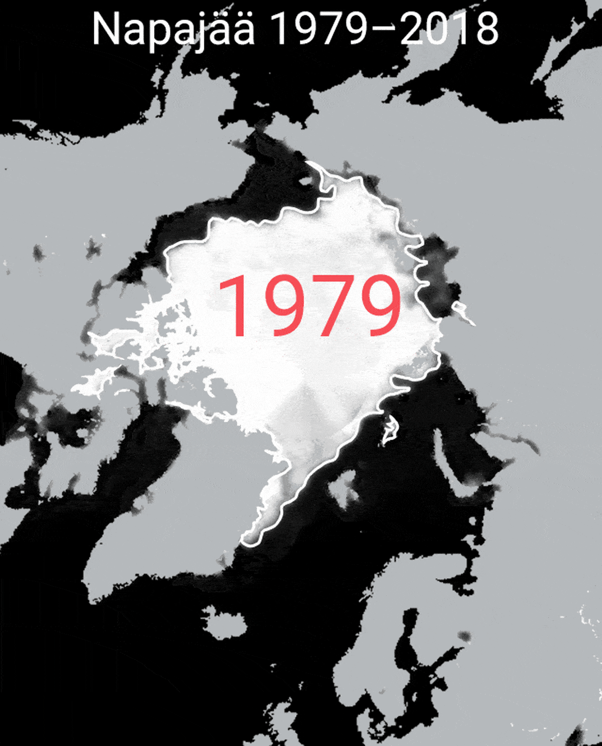 Napajään pinta-ala 15.9. 1979–2018 (materiaalista puuttuvat vuodet 1981, 1983 ja 1984). Valkoinen rajaviiva kuvassa, on vuoden 1979 jääpeitteen laajuus.