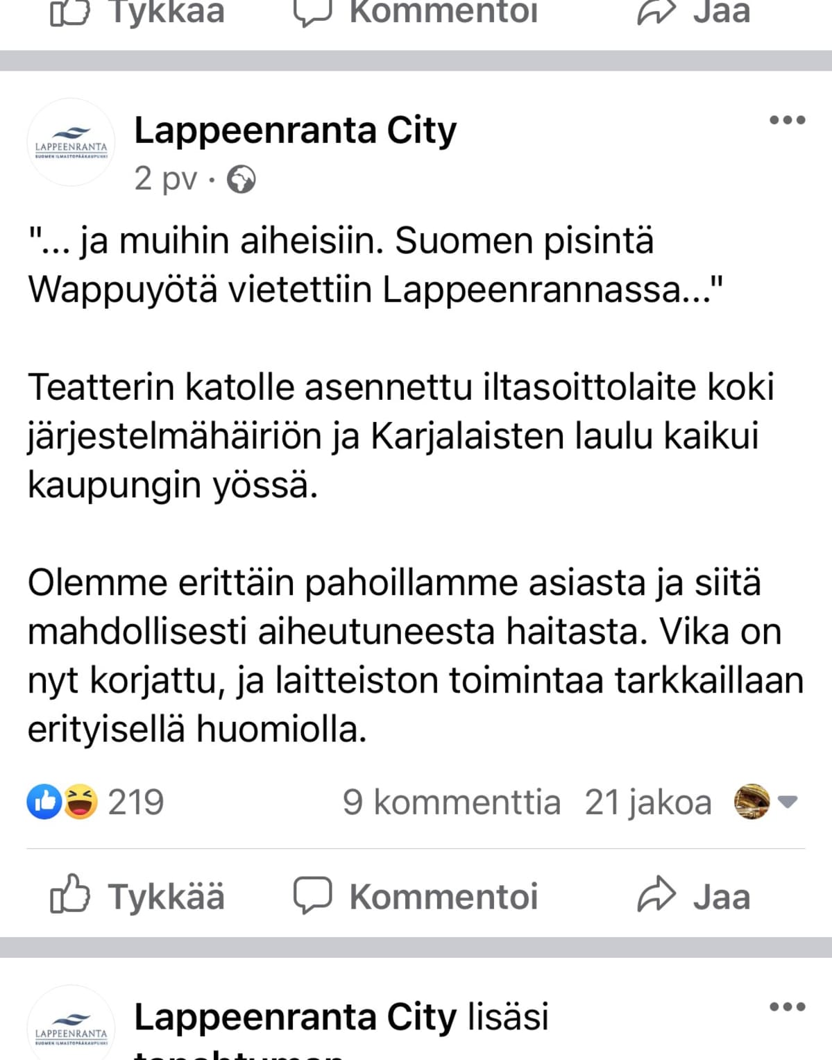 Lappeenrannan City -facebook-sivuilla kaupungin tiedote.