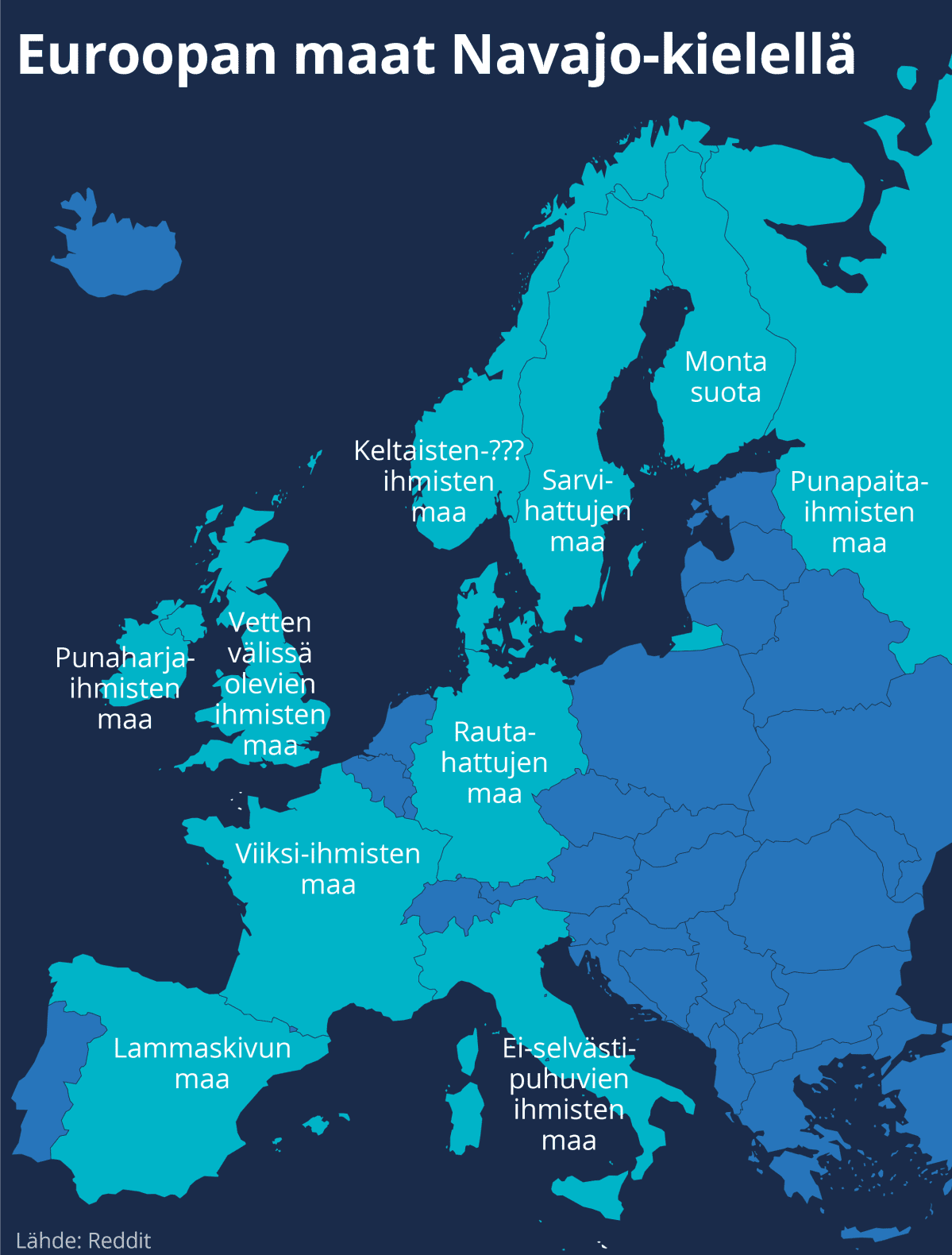 Infokartta joistain Euroopan maista Navajo-kielellä.