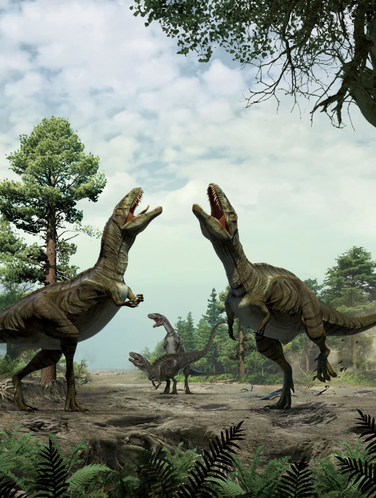 Piirroskuva neljästä dinosauruksesta tepastelemassa ja karjumassa.