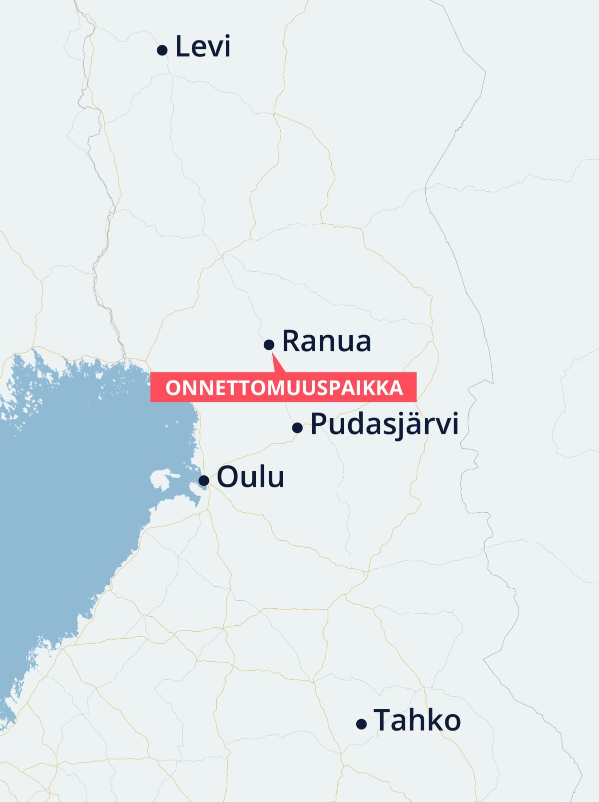 Kartta, jossa näkyy muun muassa Ranua ja Pudasjärvi