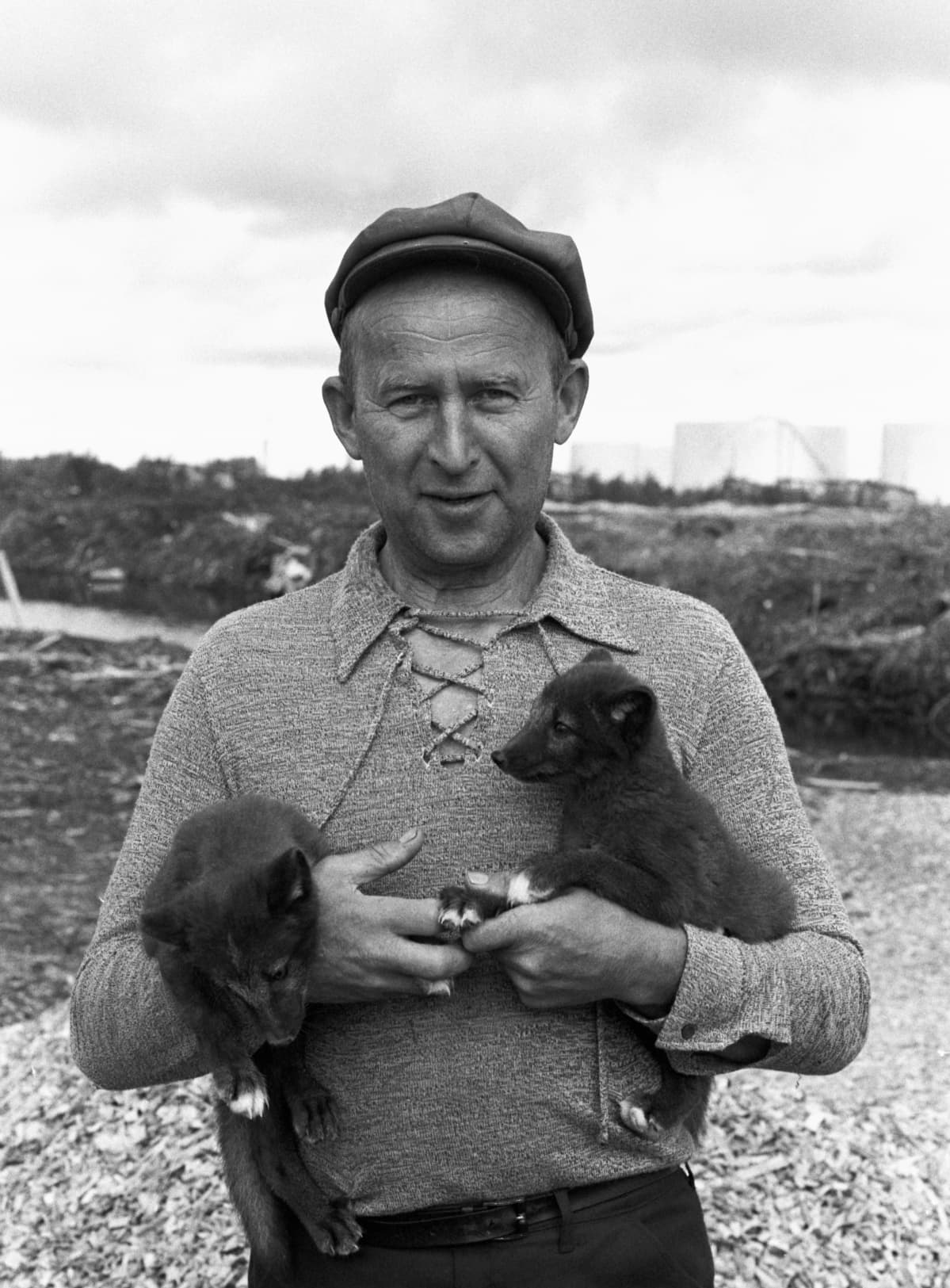 Kuvassa mies, jolla on sylissään kaksi pientä kettua.