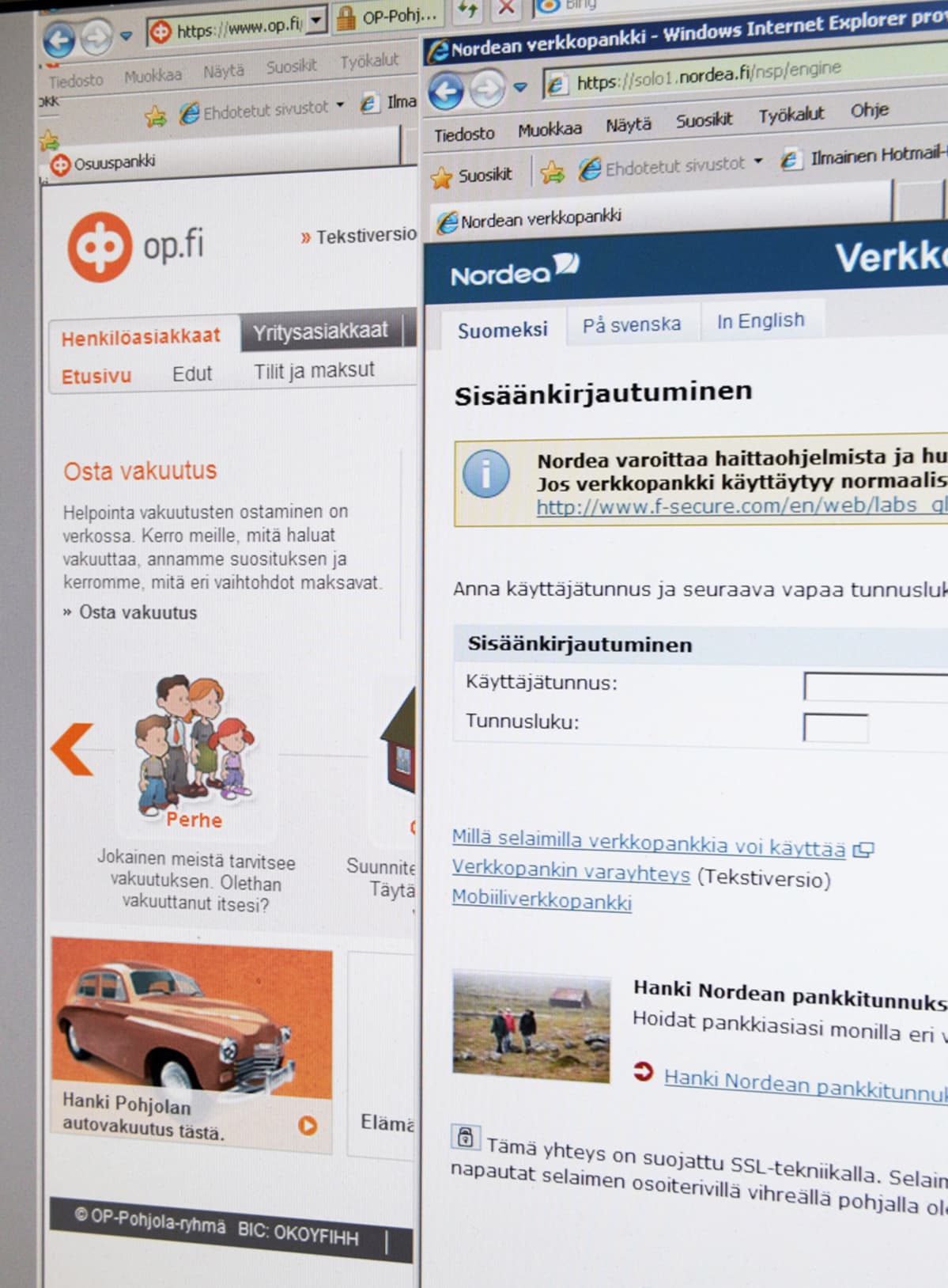OP-Pohjolan ja Nordean verkkopankki-sivustot kuvattuna tietokoneen näytöltä.