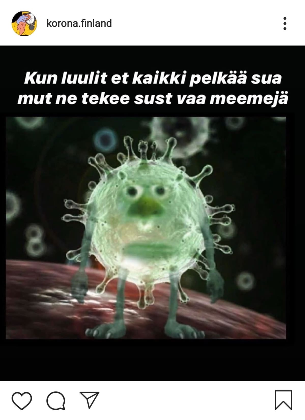 Kuvakaappaus koronavirusaiheisesta meemistä.