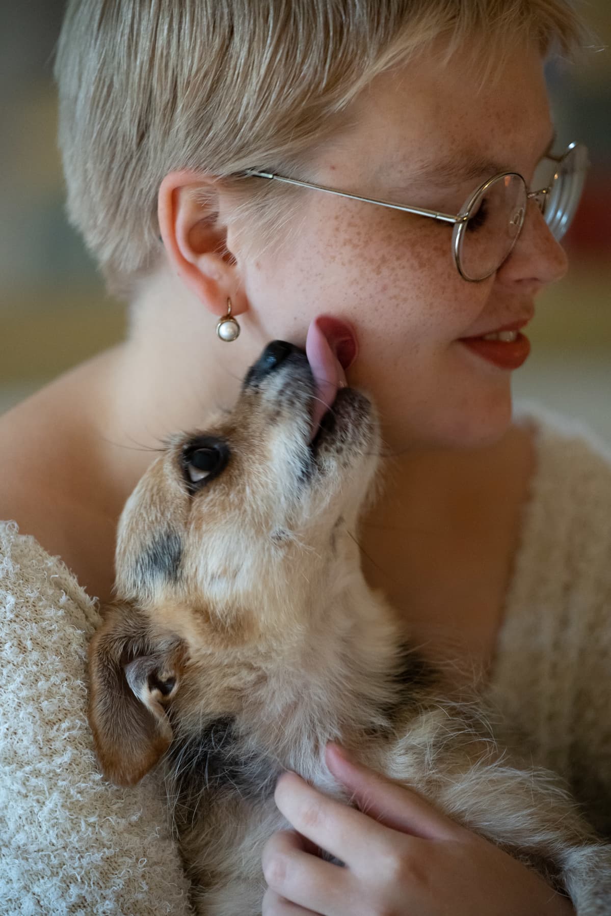 Vilja Jääskeläisen pikkukoira nuolee hänen kasvojaan.