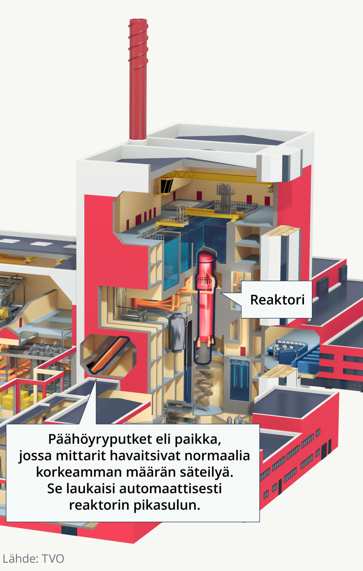 Voimalan läpileikkaus, joka näyttää päähöyryputkien paikan, jossa normaalia korkeampi määrä säteilyä havaittiin