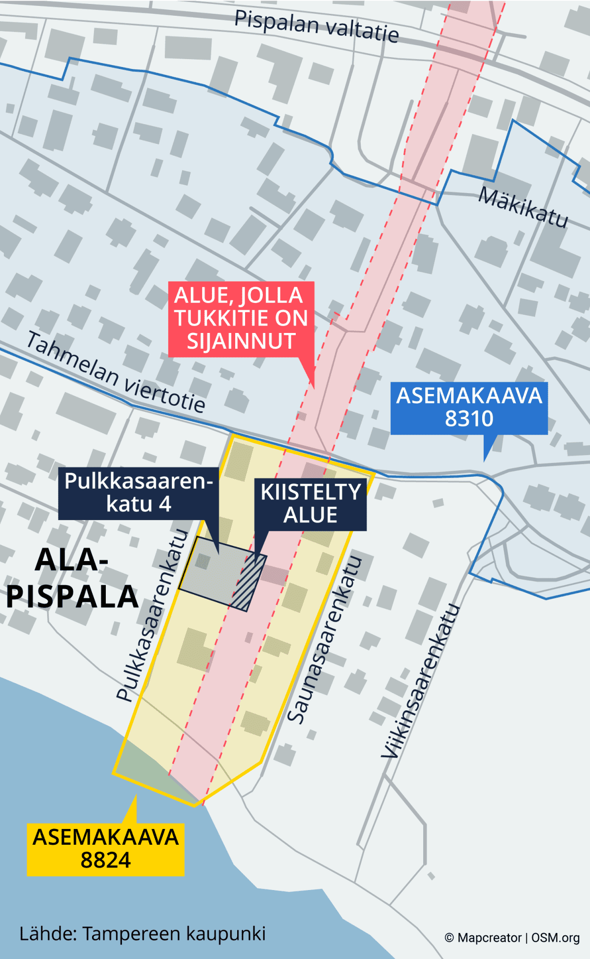 Kartta näyttää alueen, jolla punainen tukkitie on sijainnut sekä Pulkkasaarentie 4:n tontin ja kiistellyn alueen tontilla.
