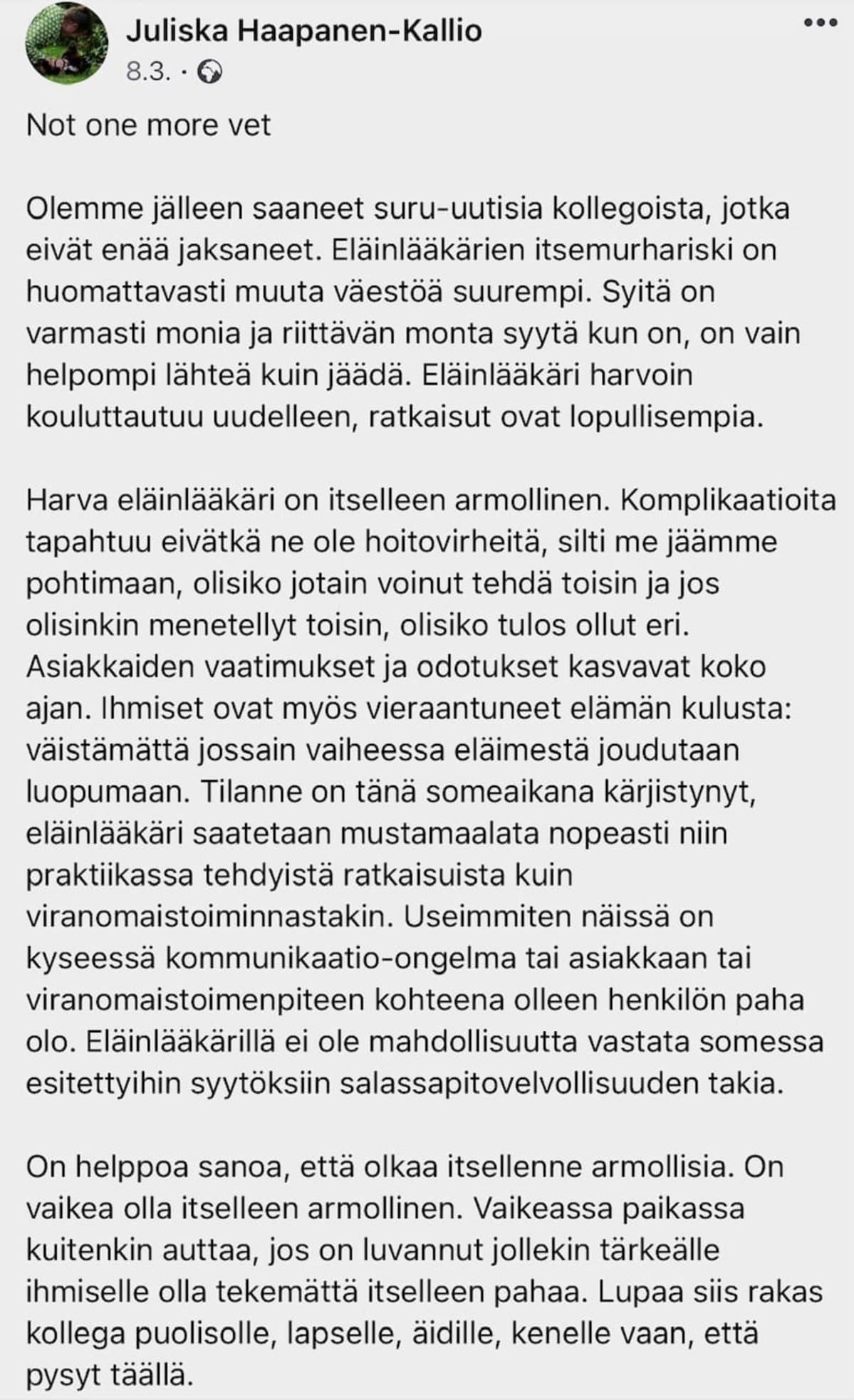 Juliska Haapanen-Kallio vetoaa julkisessa FB-päivityksessään kollegoita jaksamaan.