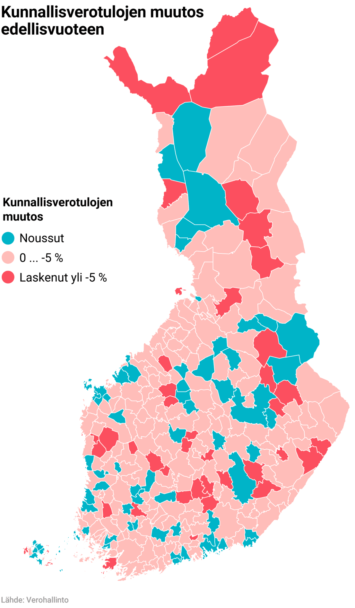 Kunnallisverotulojen muutos edellisvuoteen kartalla