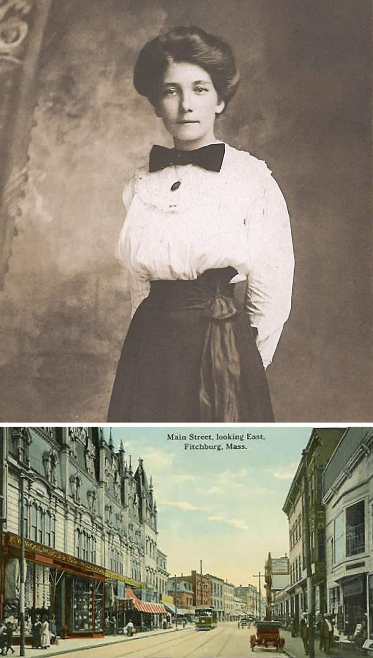 Lyydia Heiniemi ja vanha postikortti, Fitchburg, Massachusetts