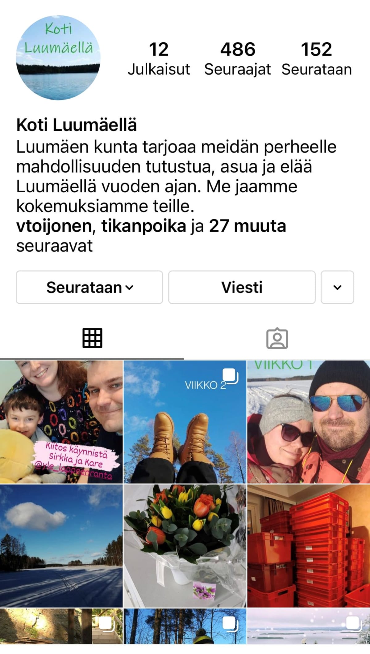 Kuvakaappaus perheen Instagram-tililtä. Kuvassa kuvia perheestä.