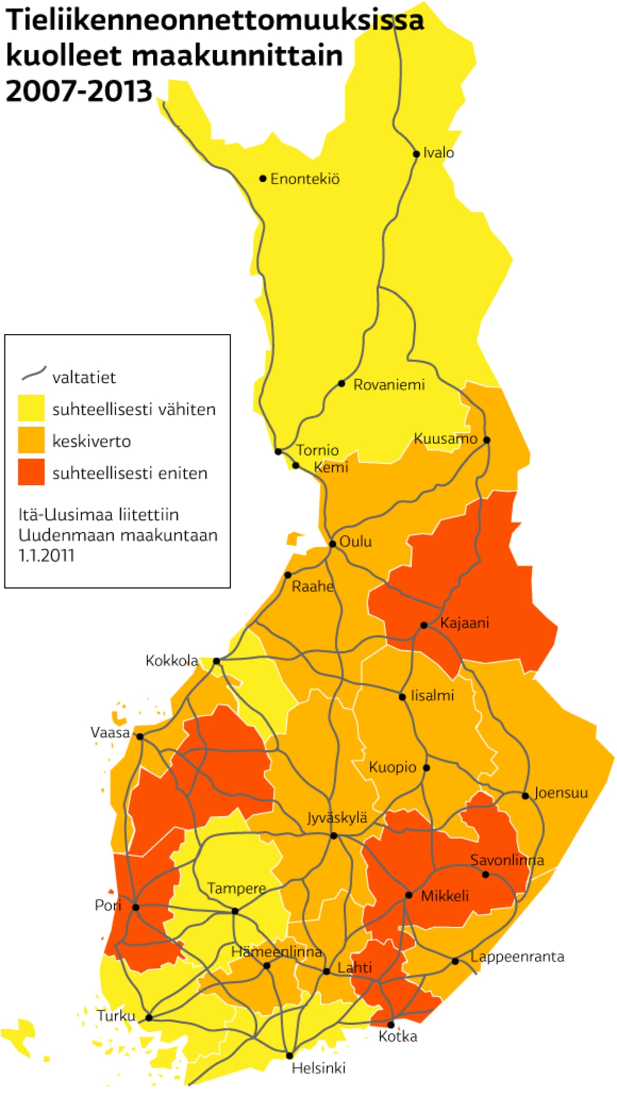 suomen tieliikenne kartta Täällä kuolonkolarit tapahtuvat – maakuntien välillä isoja eroja  suomen tieliikenne kartta