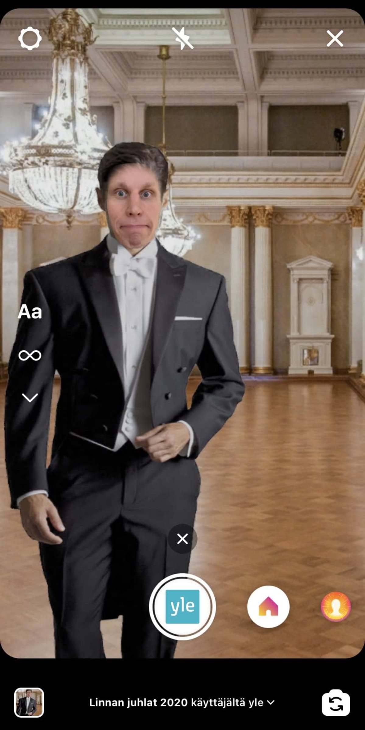 Instagramin kuvanlisäysnäkymä, jossa on valittuna Ylen Linnan juhlat 2020 -kameratehoste.