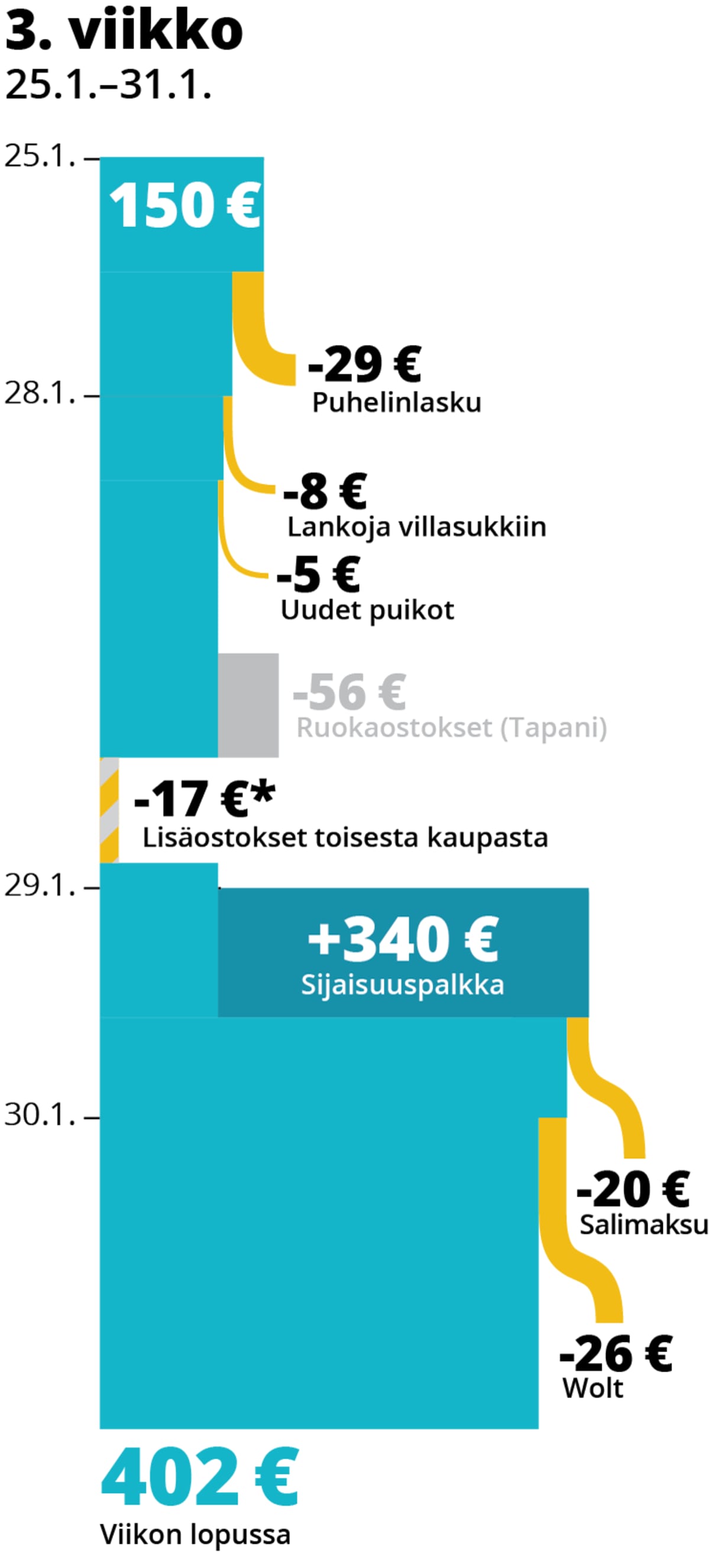 Lilli Hatisen kolmannen seurantaviikon menot ja tulot.