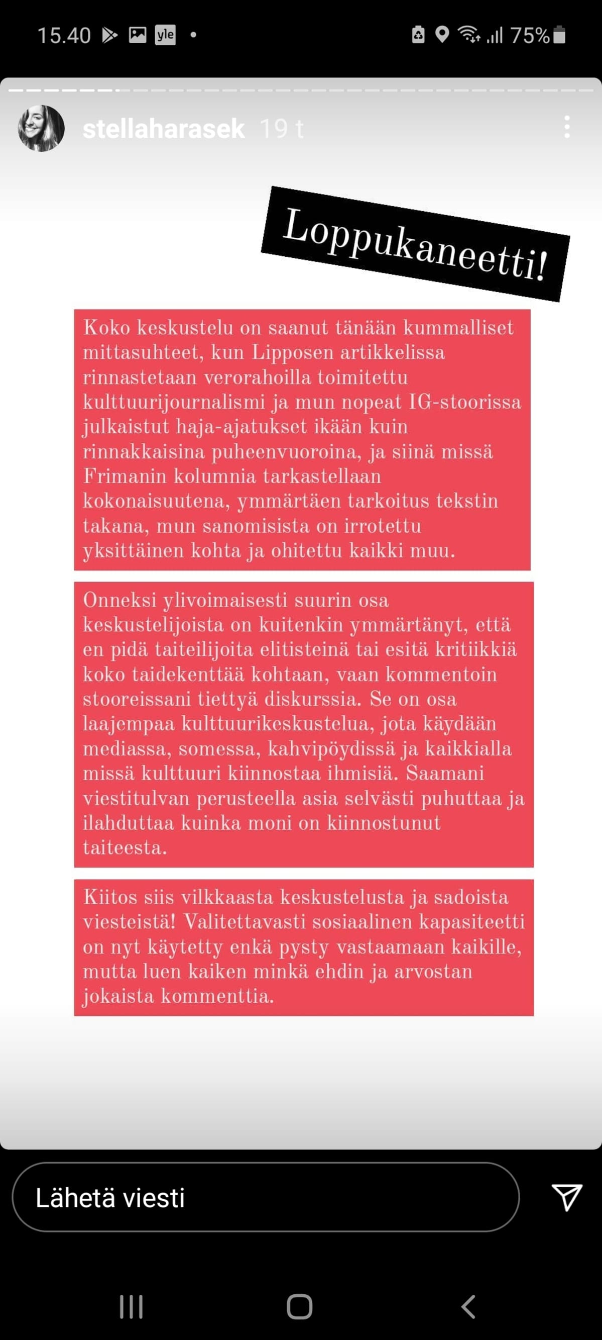 Stella Harasekin Instastory aiheesta, kuka on taiteilija.