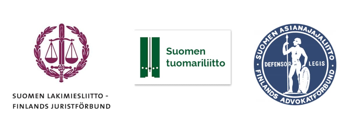 Kolme tunnusta. Suomen lakimiesliiton, Suomen tuomariliiton ja Suomen asianajajaliiton tunnukset.