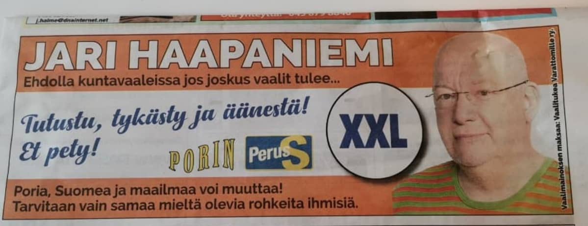 Jari Haapaniemen (ps.) vaalimainos. Ehdokas ilmoitti olemattoman yhdistyksen maksajaksi.