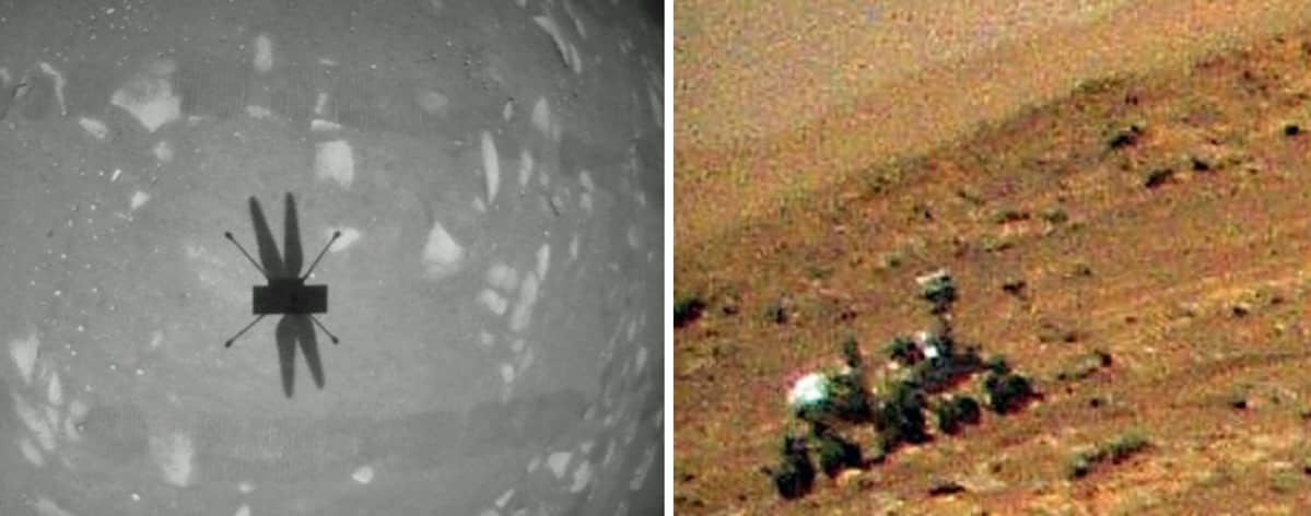 Mustavalkoinen kuva helikopterin varjosta ja värikuva Perseverance-mönkijästä punaisessa maastossa.