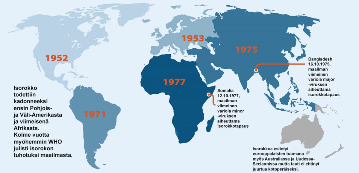 Maailmankartta, johon on merkitty isorokon hävittämisen vuodet: Pohjois- ja Väli-Amerikka 1952, Eurooppa, Etelä-Amerikka 1971, Aasia 1975 ja Afrikka 1977. Australiaan isorokko ei ehtinyt koskaan juurtua. Lisäksi paikat, joissa todettiin viimeiset isorokkotapaukset: variola major Bangladeshissa 16.10.1975 ja variola minor Somaliassa 12.10.1977.