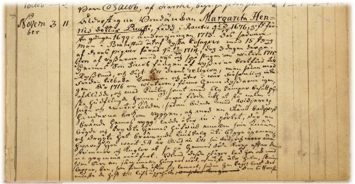 Saloisten kirkonarkiston kuolleiden luetteloon vuodelta 1770 on pappi tallentanut Margeta Henricsdotter Puustin järkyttävän elämäntarinan