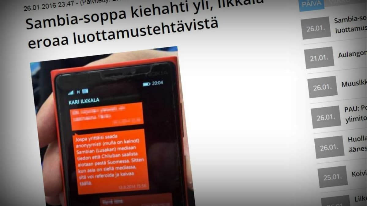Ruutukaappaus Hämeen Sanomien verkkolehdestä, jossa kuva tekstiviestistä