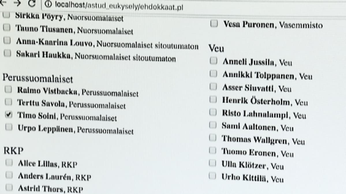 Kuvakaappaus vaalikoneesta.