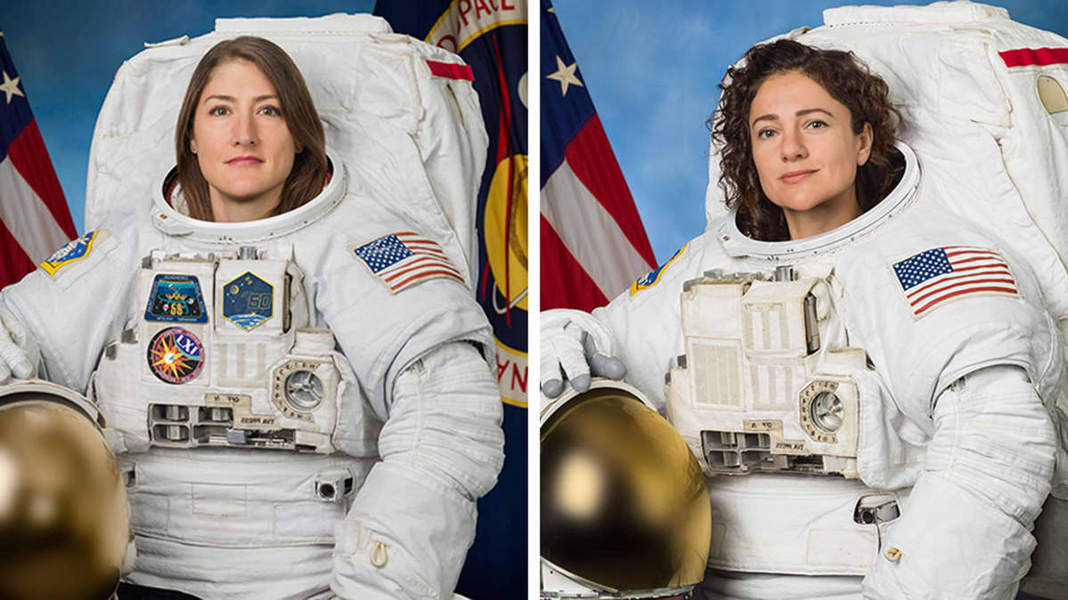Astronautit Christina Koch ja Jessica Meir avaruuspuvuissaan.