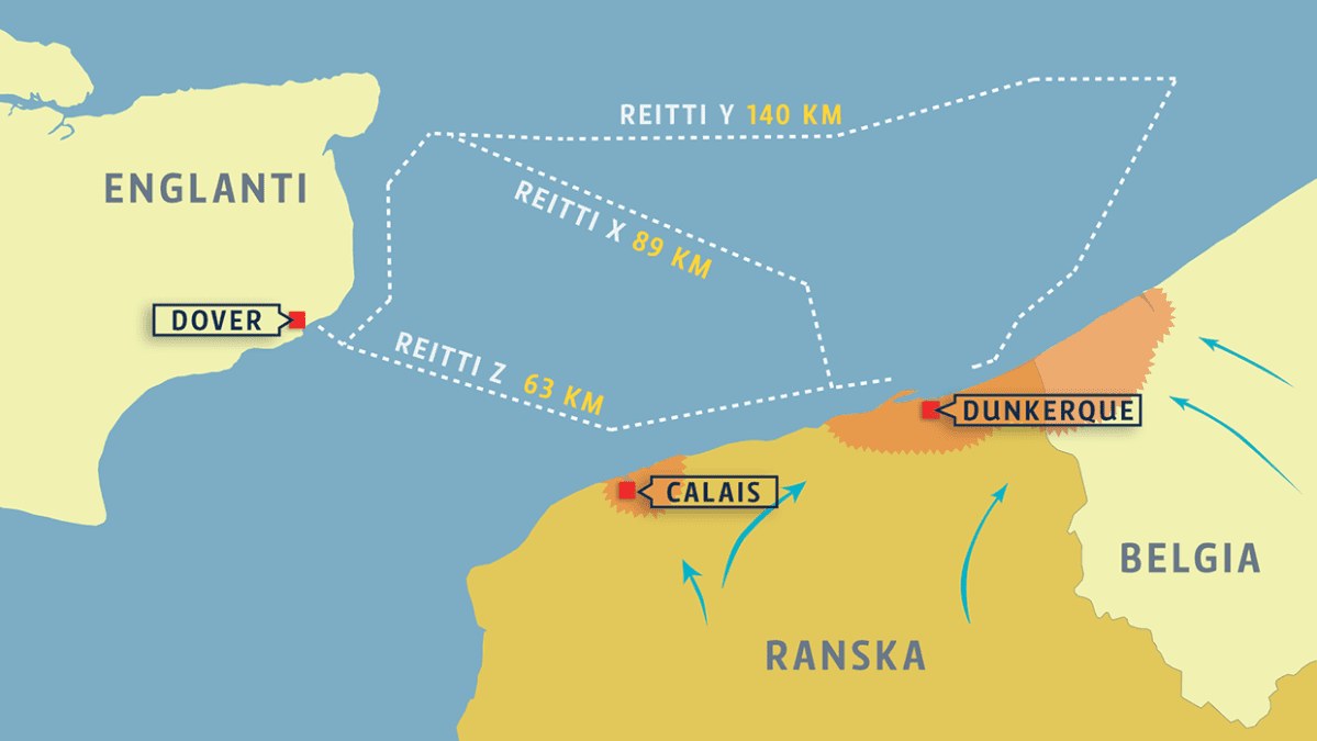 Dunkirk / Dunkerque kartta: evakuointireitit