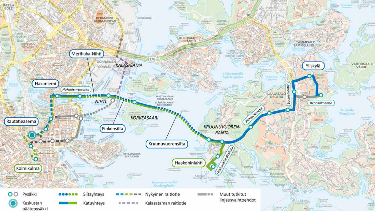 kartta uusista raitiovaunureiteistä Helsingissä