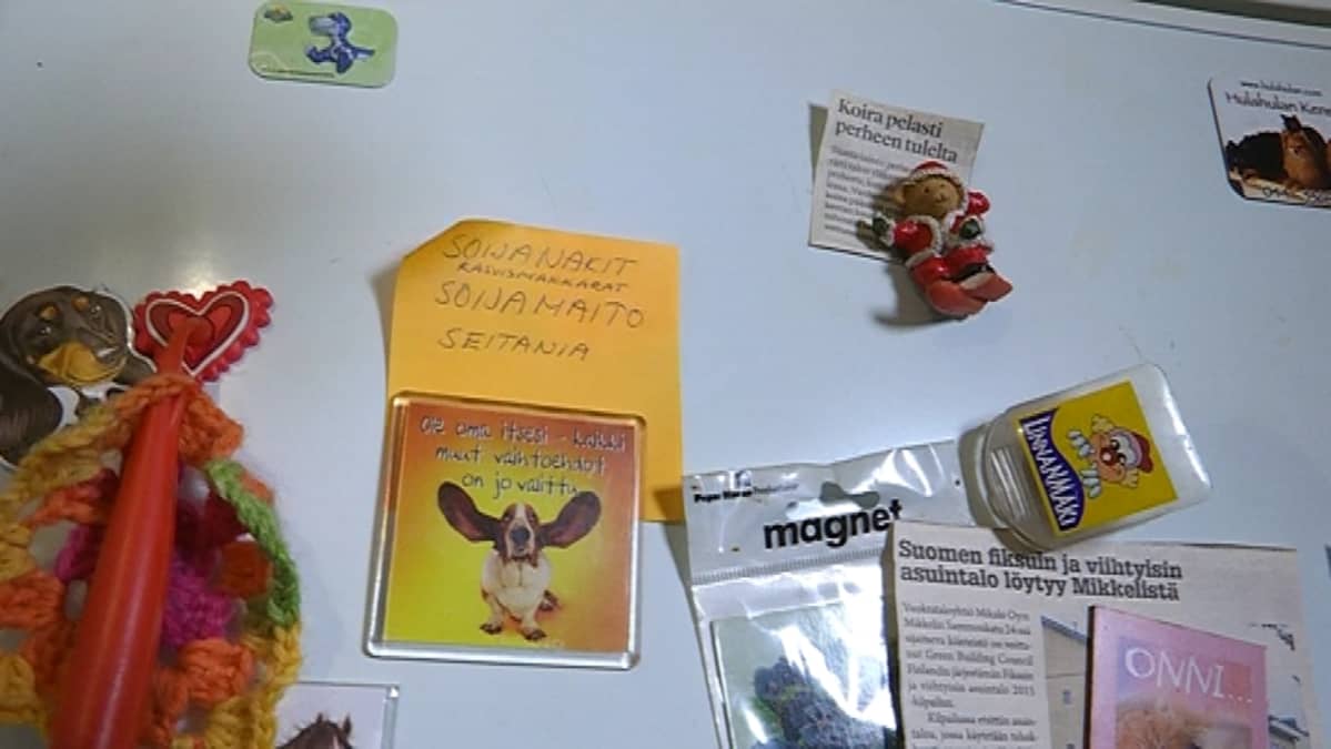 Kasvissyöjän ostoslista jääkaapin ovessa