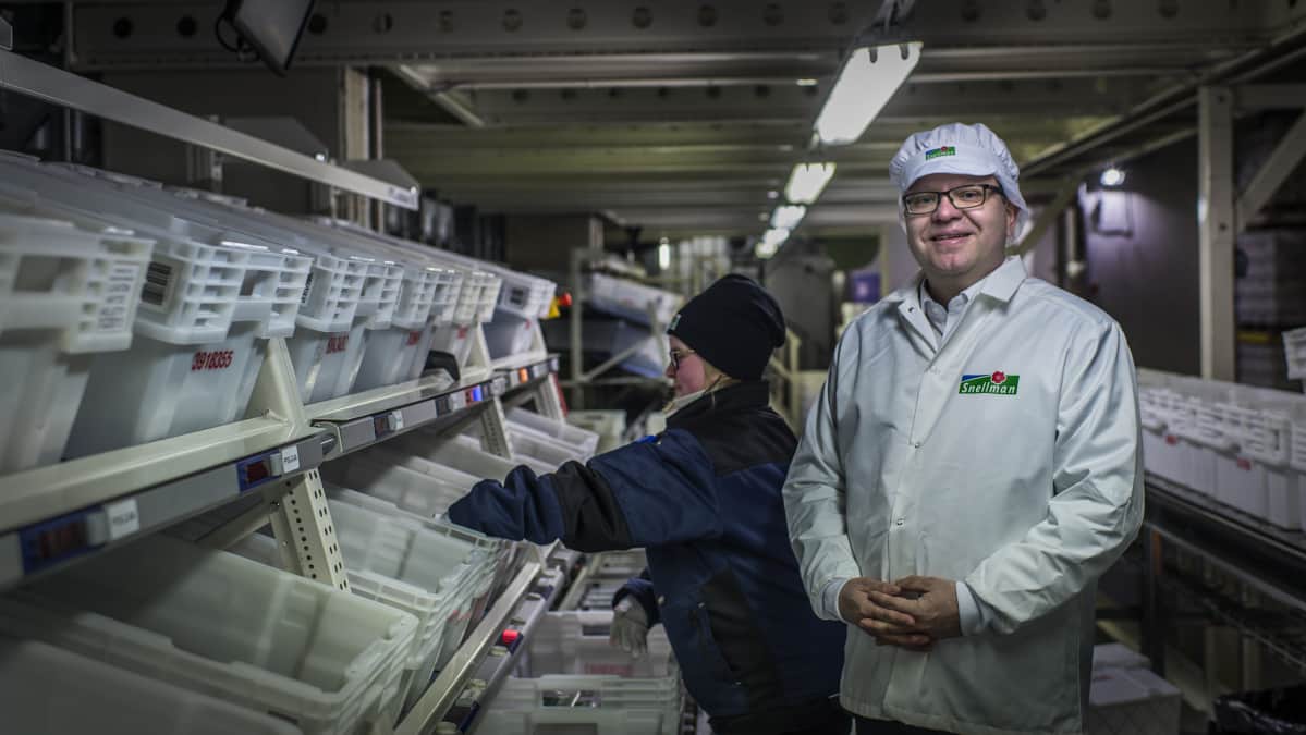 Snellman Lihajalostus Oy:n toimitusjohtaja Juha Sarkkinen yhtiön logistiikkaosastolla. Frida Grönhage lajittelee lihajalosteita laatikoihin.