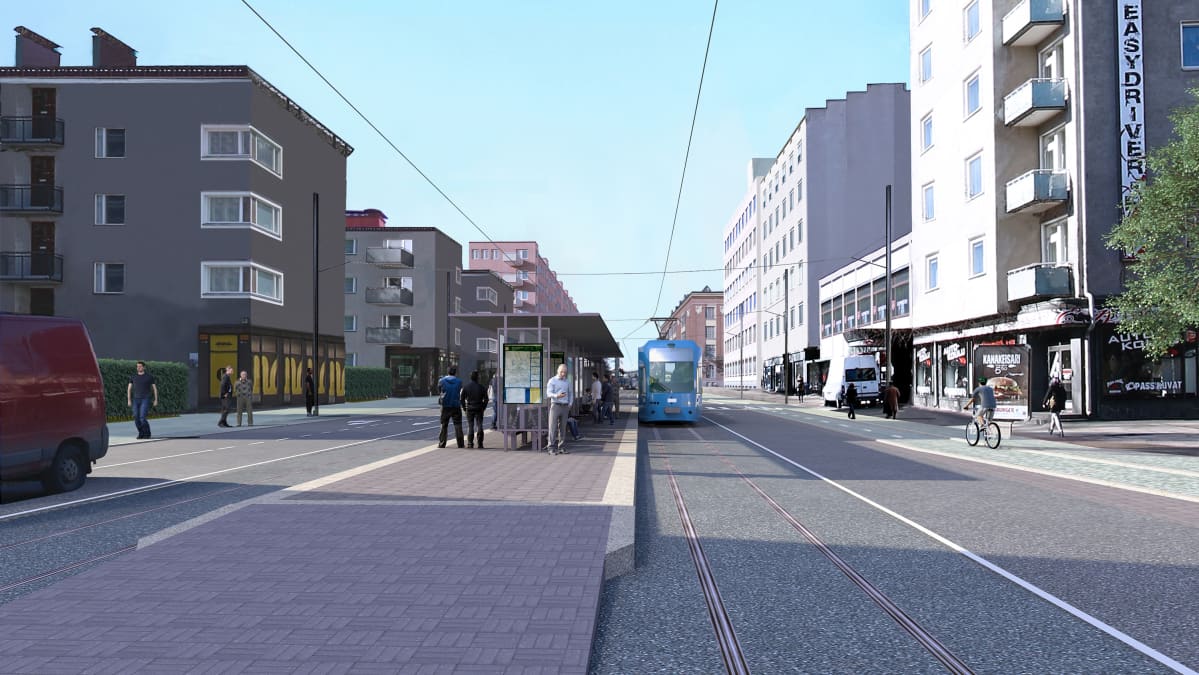 Havainnekuva ratikasta Tampereen Itsenäisyydenkadulla.