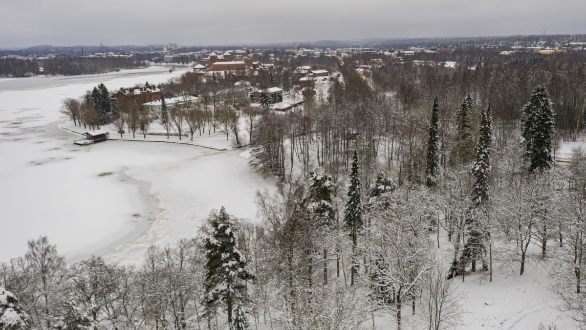Näkymä Hämeenlinnan keskustaan puistomäeltä.