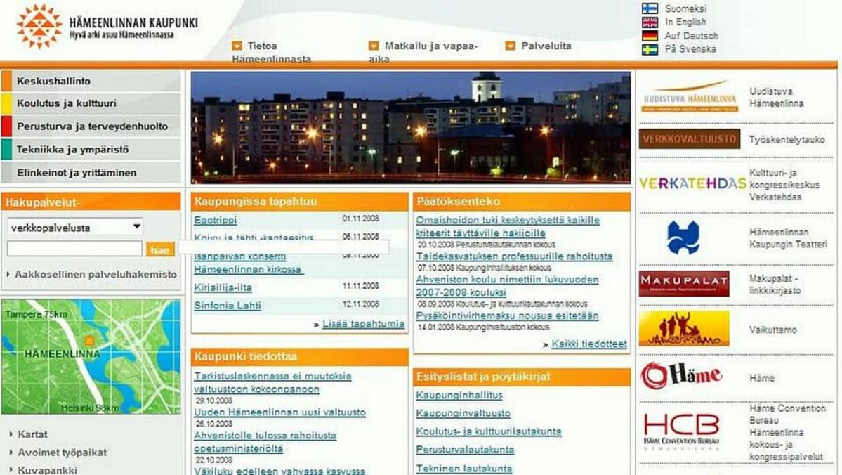 Hämeenlinnan kaupungin nettisivu vuodelta 2008