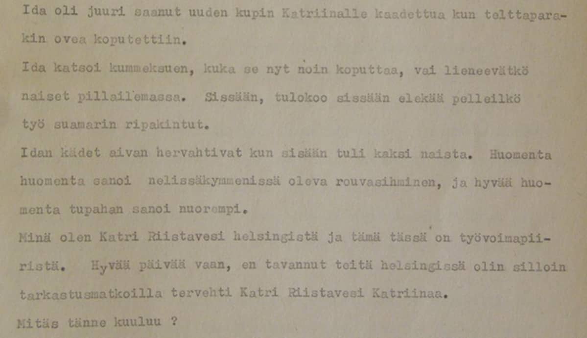 kirjoituskoneella kirjoitettua tekstiä.