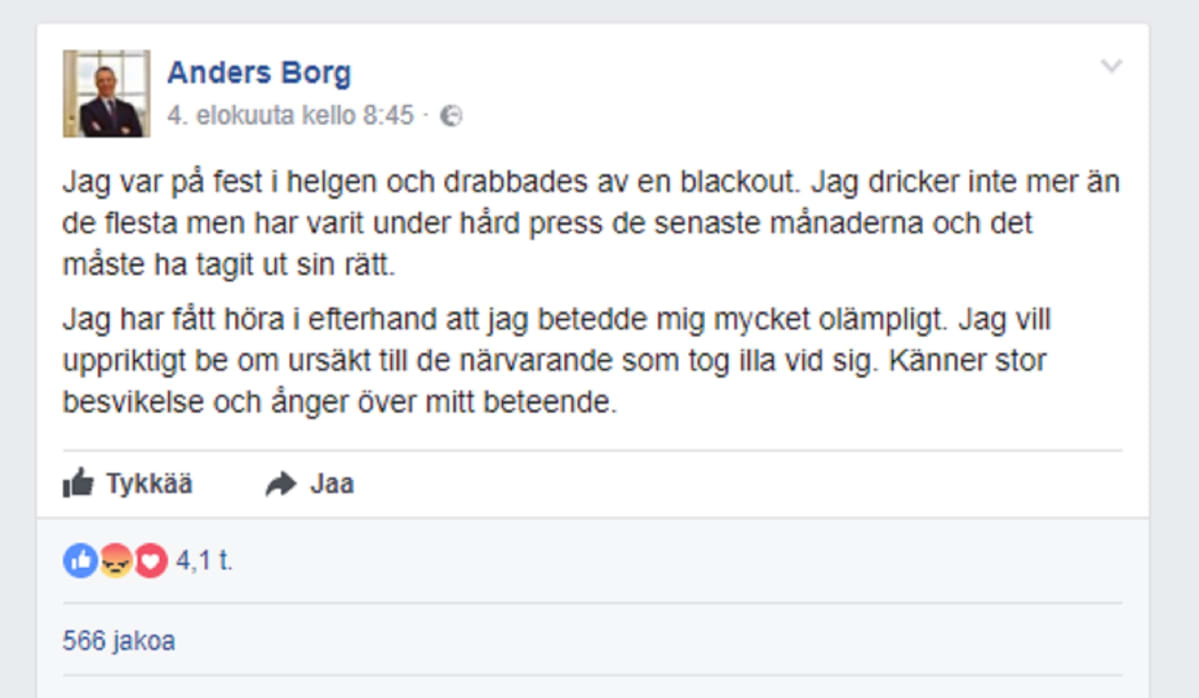 Borgin Facebook-päivitys.