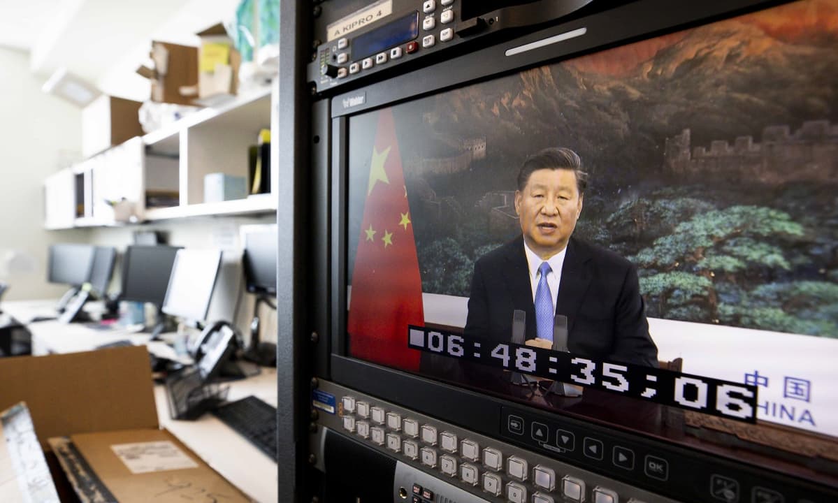 Kiinan presidentti Xi Jinping YK:n yleiskokokouksessa videoyhteyden välityksellä.