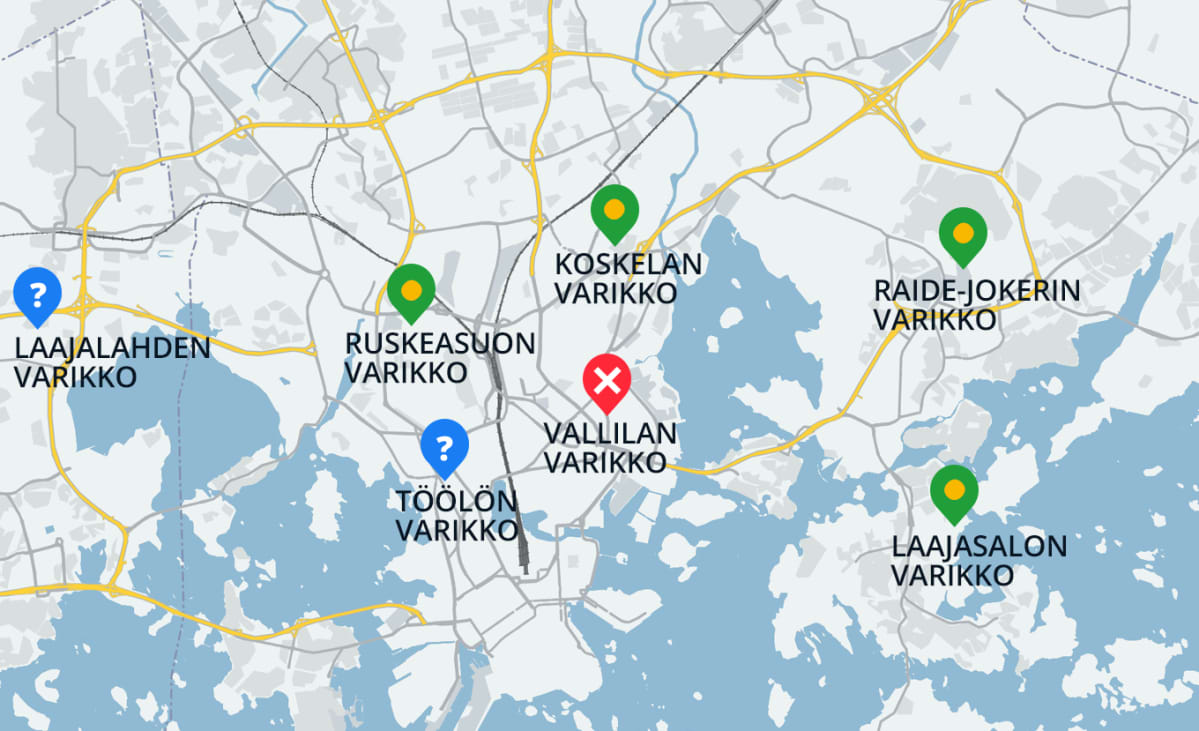 Helsinkiin rakennetaan tällä vuosikymmenellä neljä uutta raitiovaunuvarikkoa: Ruskeasuolle, Laajasaloon, Roihupeltoon ja Koskelaan, jossa nykyinen varikko uudistetaan täysin. Töölön varikosta on tarkoitus luopua. Vallilan varikko on korjaamona. Lisäksi Espooseen ja Vantaalle rakennetaan mahdollisesti tulevaisuudessa omat raitovaunuvarikkonsa.