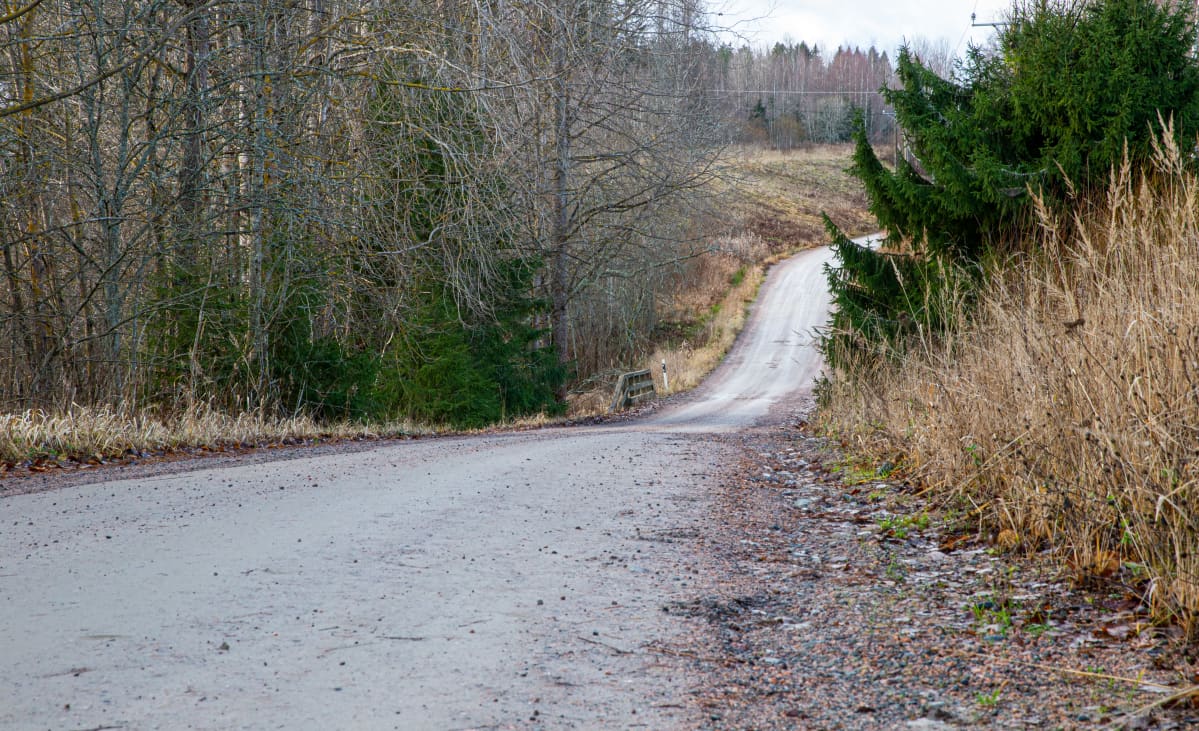 Hiekkatie kulkee metsäisen maalaismaiseman läpi.