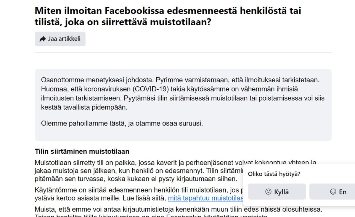 Facebookin kuolinilmoituslomake.