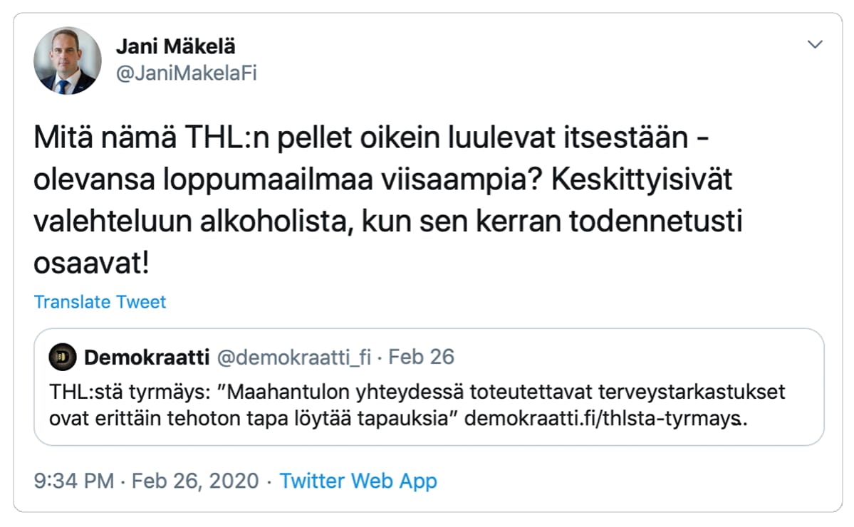 Kuvakaappaus Jani Mäkelän Twitter viestistä.