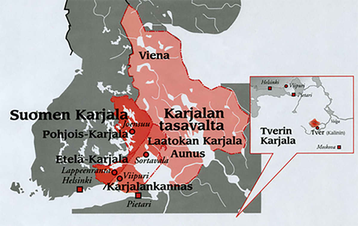 Kartta, jossa on Venäjän Karjala, Suomen Karjala ja luovutetut alueet sekä Tverin Karjala.