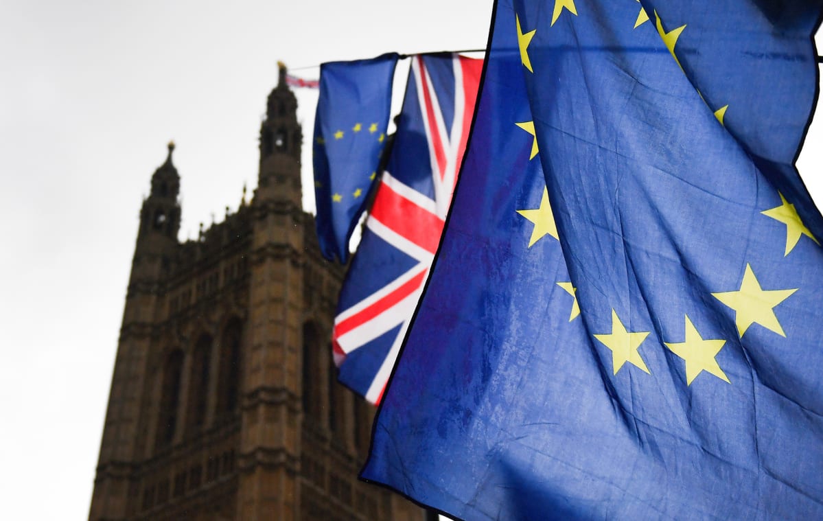 Brexitiä vastustavien liput liehuivat Britannian parlamenttitalon ulkopuolella marraskuussa 2018.