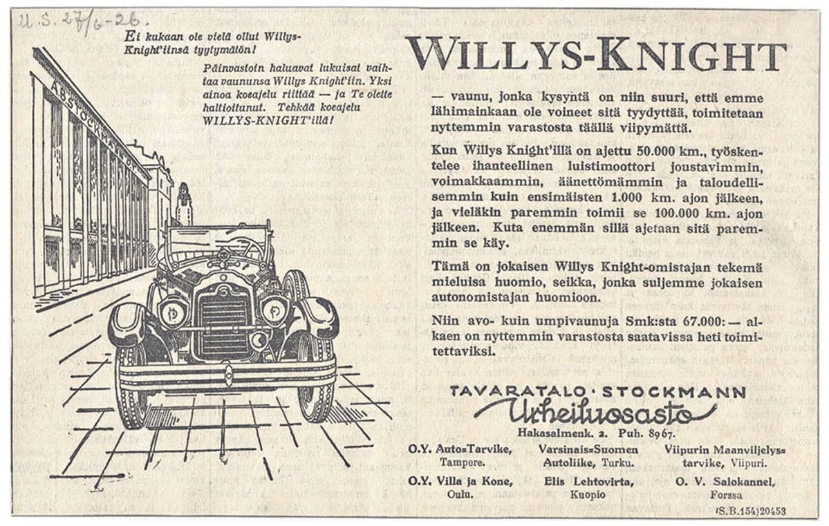 Willys-Knight –mainospiirros vuodelta 1926.